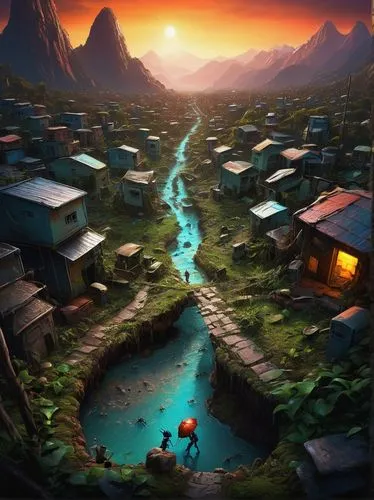 township,ecotopia,world digital painting,fishing village,futuristic landscape,japan landscape,landscape background,mountain village,game illustration,fantasy landscape,shantytowns,cartoon video game background,lijiang,rivertown,boardinghouses,virtual landscape,inle,floating huts,rice terrace,river of life project,Conceptual Art,Fantasy,Fantasy 04