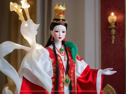 a lifelike porcelain doll dressed in a vibrant red and white outfit, adorned with a gold crown and holding a jade pendant.,taiwanese opera,peking opera,asian costume,oriental princess,the japanese dol