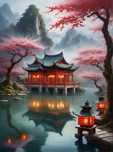 oriental painting,wuyuan,oriental,oriental lantern,world digital painting,asian architecture,qingcheng,haiyuan,dragon boat,shaoming,landscape background,fantasy landscape,water lotus,lijiang,jinchuan,golden pavilion,the golden pavilion,rongfeng,yiping,yuexiu,Illustration,Retro,Retro 20