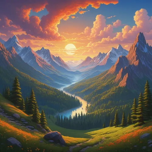 mountain landscape,mountain sunrise,landscape background,mountainous landscape,fantasy landscape,mountain scene,salt meadow landscape,mountain meadow,nature landscape,high landscape,beautiful landscape,forest landscape,meadow landscape,mountain range,the landscape of the mountains,panoramic landscape,mountainous landforms,mountain valleys,mountain valley,autumn mountains,Illustration,Realistic Fantasy,Realistic Fantasy 27