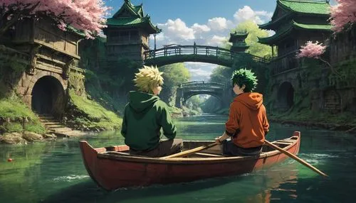 fantasy picture,water lotus,Deku,Bakugou,river,ancient temple,Conceptual Art,Fantasy,Fantasy 13