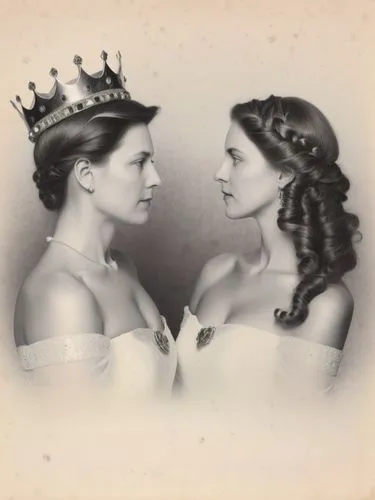 King and Queen of Württemberg as high-resolution art portrait photography in black and white,two women in tiaras with hair in ponytails,countesses,duchesses,queenship,empresses,tintype,tiaras,Photogra