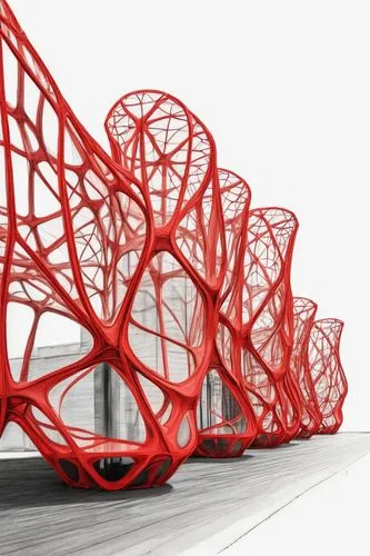 future social miniature pods minimalist architecture in Puerto Rico made with red pale metal mesh trpocal lndcape  biomimicry volume,honeycomb structure,roof structures,building honeycomb,steel sculpt