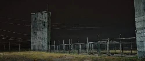 Imposing fortress-like prison building, brutalist architecture style, grey concrete walls, steel bars, narrow windows, solitary confinement cell, rusty metal door, cold fluorescent lighting, dimly lit