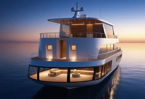 modern yacht sailing at the middle of the night viewed from backward with warm fantastic body and ambient lights in high quality render for the panoramic window fitted for the passengers to watch the 