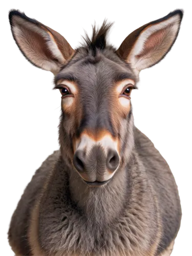 Donkey head, realistic fur texture, brown eyes, long ears, greyish-brown coat, detailed nostrils, mouth slightly open, slight smile, front-facing angle, soft natural lighting, warm color tone, shallow