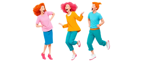 Cartoon character, comedy relief, exaggerated facial expressions, bright orange hair, goofy grin, colorful clothing, oversized shoes, dynamic poses, vibrant background, playful gestures, silly antics,