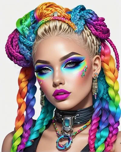 Blonde rainbow micro braided hair full lips cyber punk with sedusa adornment
,neon makeup,electronique,decora,derivable,rainbow waves,colorful,rainbow unicorn,upbraids,kerli,raja,rasta,rainbow colors,