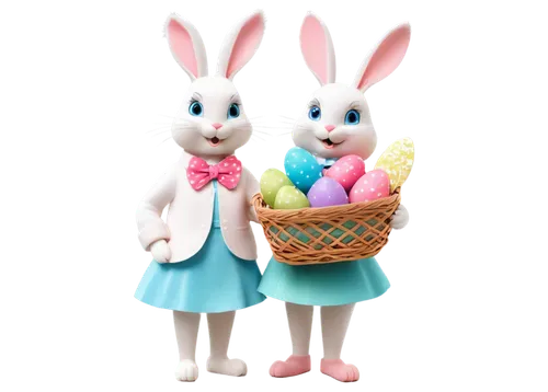 Pastel-colored Easter eggs, decorated with floral patterns, glittering ornaments, soft focus, warm lighting, 3/4 composition, shallow depth of field, cute cartoon-style bunny, holding basket filled wi