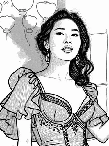 a woman in an ornate dress holding a glass,comic halftone woman,comic halftone,underdrawing,bodice,penciling,inking,filipiniana,florante,crinoline,inks,color halftone effect,pencilling,lineart,noblewo