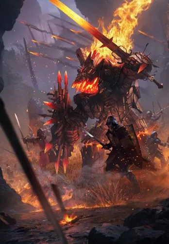 the animated artwork depicts two warrior men fighting against robots,garridos,arenanet,firelands,warhammer,darksiders,firedrake