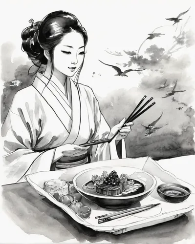 jiaozi,korean royal court cuisine,japanese woman,geisha girl,geisha,tea ceremony,hanbok,soba,nabemono,japanese cuisine,japanese meal,congee,kaiseki,chopstick,korean cuisine,xiaolongbao,chopsticks,naengmyeon,japanese restaurant,japanese culture,Illustration,Paper based,Paper Based 30