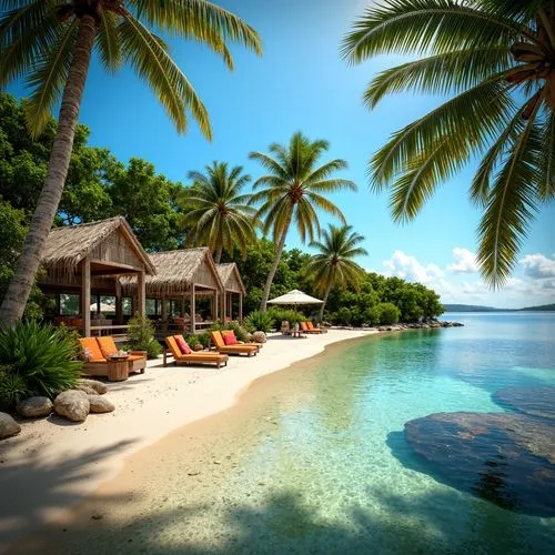 Tropical island setting, lush greenery, palm trees, warm sandy beaches, crystal-clear turquoise waters, vibrant colorful coral reefs, exotic seashells, traditional thatched roof huts, natural wooden s