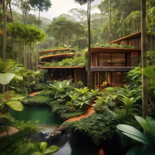 tropical house,tropical jungle,eco hotel,tropical greens,house in the forest,rainforest,rain forest,tree house hotel,greenforest,green living,floating huts,eco-construction,beautiful home,tropical and