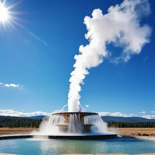 clear blue skies above with water geyser  and clear background,a big long white cloud pouring out of a water spout,great fountain geyser,geyser strokkur,geothermal energy,geyser,geysers,el tatio,Photo