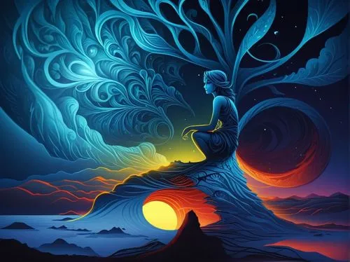 colorful tree of life,tree of life,mother earth,crescent moon,fantasy picture,fractals art,Illustration,Realistic Fantasy,Realistic Fantasy 25