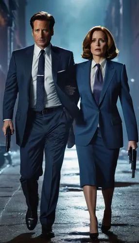 Mulder, Scully, FBI agents, formal wear, suits, ties, blazers, dress shirts, heels, standing back to back, holding guns, serious facial expressions, city street, night time, dim lighting, foggy atmosp