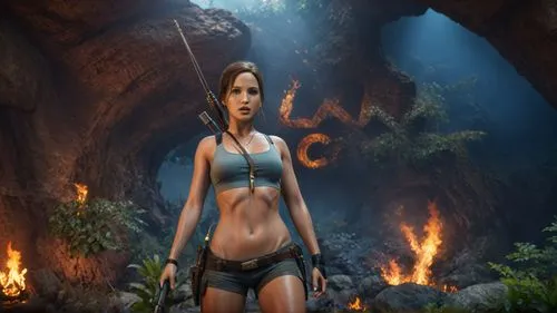 Lara Croft, large chest, Jennifer Lawrence,cave girl,lara,croft,background ivy,action-adventure game,dryad,female warrior,surival games 2,massively multiplayer online role-playing game,digital composi