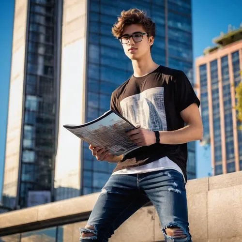 Architecture student, male, 20yo, messy brown hair, black framed glasses, casual wear, graphic t-shirt, ripped jeans, sneakers, holding a large portfolio, standing in front of a skyscraper model, Revi