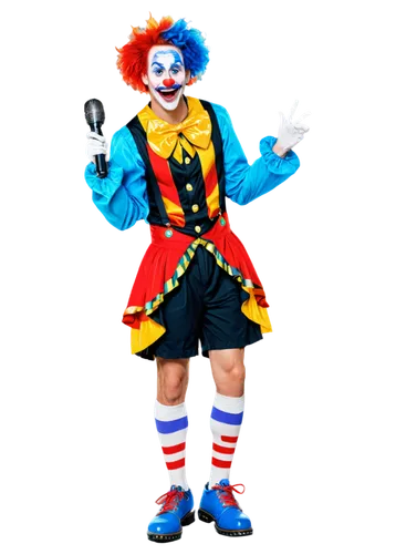 Comedic cartoon character, exaggerated facial expression, colorful costume, oversized shoes, red nose, clown hair, bright blue eyes, bold eyebrows, holding a microphone, standing on one leg, dynamic p