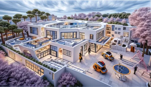 school design,3d rendering,townhouses,north american fraternity and sorority housing,escher village,urban design,white buildings,new housing development,luxury property,snowhotel,beverly hills,futuristic art museum,ski resort,athens art school,solar cell base,cube house,property exhibition,contemporary,the boulevard arjaan,smart house