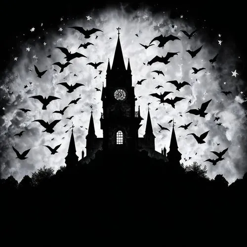 Keep the original details,a black and white image of many bats over a cathedral,halloween background,halloween wallpaper,hallows,halloween illustration,gothic style,halloween silhouettes