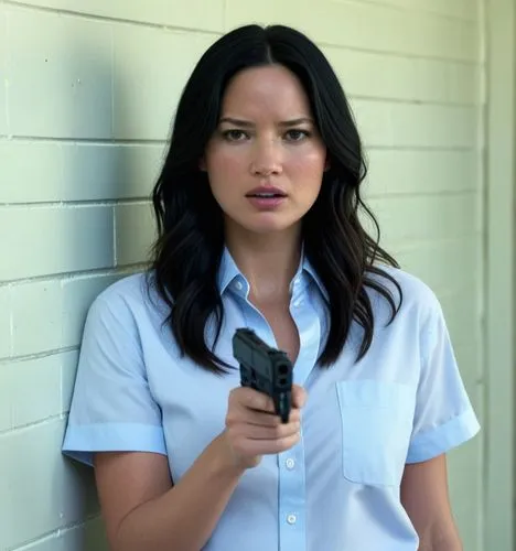 Olivia Munn wearing a shirt.

Olivia Munn is an CIA agent. She is attempting to apprehend a suspect.
She aims her pistol at a male prisoner.

Location: Prison.








,a pretty young lady with a pist