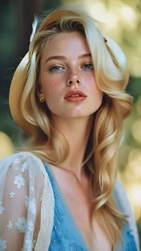 Close-up portrait of a young woman with striking features, displaying a thoughtful or introspective expression. Her face is highlighted by bright blue eyes, red lipstick, and delicate freckles dusting