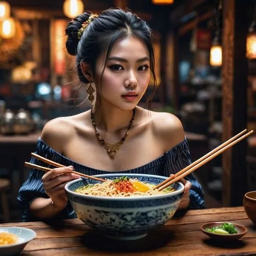 1girl, bare shoulders, bowl, chopsticks, food, indoors, jewelry, necklace, noodles, off shoulder, photo \(medium\), ramen, sitting, solo, striped,tibetan bowl,noodle bowl,tibetan bowls,japanese restau