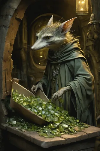 splinter,apothecary,cullen skink,greengrocer,yoda,merchant,rotglühender poker,the collector,robin hood,kobold,shopkeeper,candlemaker,magistrate,vendor,hobbiton,color rat,hobbit,fantasy art,art bard,fantasy portrait,Illustration,Realistic Fantasy,Realistic Fantasy 14