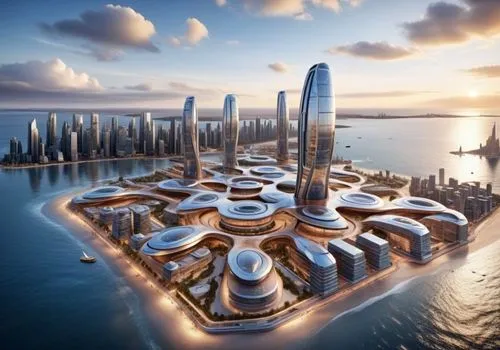 a large city is sitting on top of the water,dhabi,abu dhabi,dubia,doha,largest hotel in dubai,mubadala,lusail,dubay,nakheel,futuristic architecture,qatar,dubai,seasteading,tallest hotel dubai,sharq,un