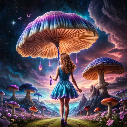 mushroom landscape,fairy world,alice in wonderland,fairy galaxy,wonderland,fantasy picture,agaric,club mushroom,little girl with umbrella,parasols,umbrella mushrooms,mushroom island,fantasy art,fairy forest,psychedelic art,3d fantasy,fairies aloft,dream world,fae,little girl fairy