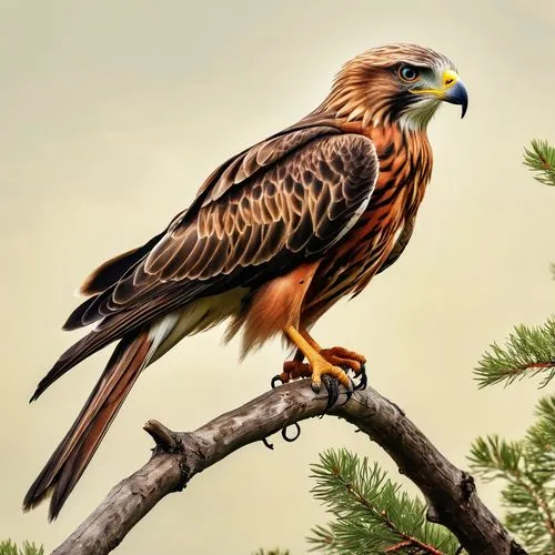 a hyper realistic oil pianting of a Red kite bird sat on a branch, vintage botanicla book style on a cream background,red tailed kite,red kite,yellow billed kite,harris's hawk,lanner falcon,saker falc