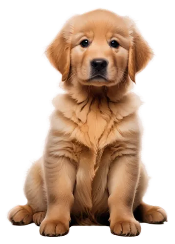 Golden retriever puppy, cute expression, fluffy fur, floppy ears, big brown eyes, wagging tail, sitting posture, soft focus, warm lighting, shallow depth of field, 3/4 composition, morning sunbeam, cr