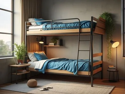 Modern dorm room, wooden bunk bed, Chukum material upholstery, vibrant blue, sturdy metal frame, minimalist desk lamp, sleek laptop, scattered books, cozy throw blanket, natural light pouring through 