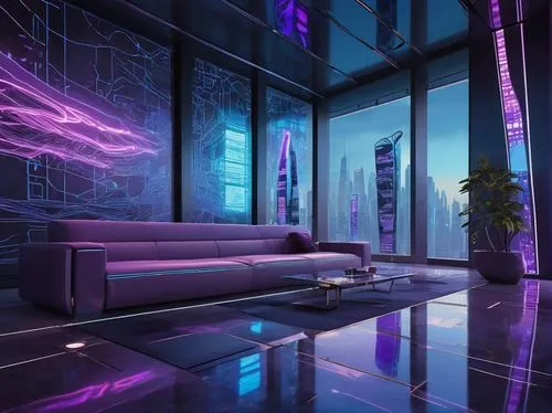 purple wallpaper,ufo interior,futuristic,futuristic landscape,cybercity,cyberpunk,modern room,vanu,3d background,electrohome,cyberscene,modern decor,spaceship interior,sky space concept,ultraviolet,purpleabstract,cybertown,apartment lounge,modern living room,neon cocktails,Illustration,Japanese style,Japanese Style 07