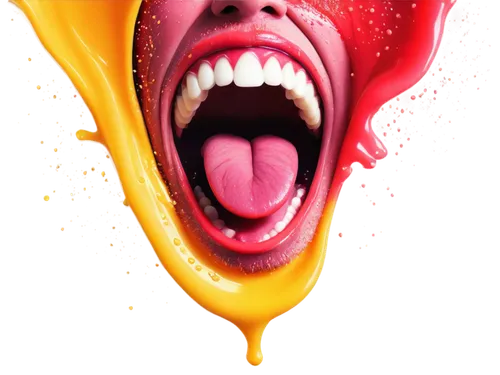 Eating sound effect, close-up shot, mouth open wide, teeth and tongue visible, food particles flying out, colorful juice splashing, dynamic movement, slow-motion capture, realistic texture, warm light