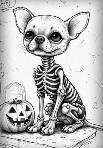 : Design Sketch-Rough Outline ,a drawing of a chihuahua in skeleton attire, holding a jack skelling doll,halloween line art,halloween cat,halloween illustration,scaretta,catdgory,kirdyapkin,Design Ske