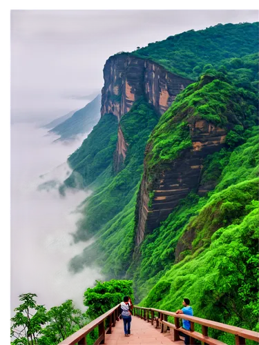 Mountainous landscape, Khandala Ghat View Point, scenic valley, misty fog, lush green trees, rocky cliffs, stone railing, wooden benches, tourists taking selfies, solo figure in distance, panoramic vi