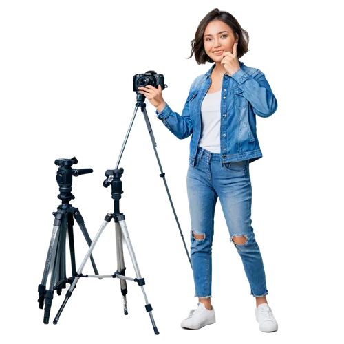 Morning photoshoot, female photographer, 20s, casual outfit, denim jacket, white shirt, ripped jeans, sneakers, Canon camera, tripod, sunrise background, soft warm light, shallow depth of field, sligh