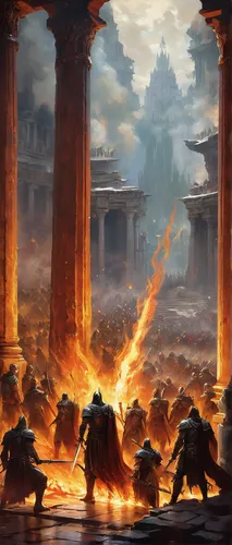 pillar of fire,rome 2,game illustration,pantheon,hall of the fallen,pompeii,inferno,door to hell,the conflagration,crucible,burning earth,fire background,kings landing,burning torch,scorch,dante's inferno,buddhist hell,the ruins of the,monks,heroic fantasy,Conceptual Art,Oil color,Oil Color 09