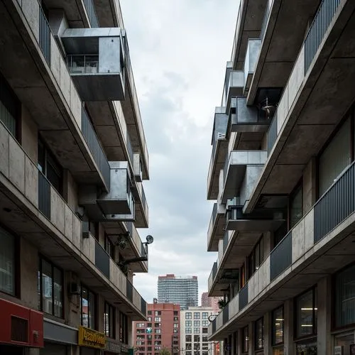 Exposed ductwork, industrial pipes, functional mechanical systems, brutalist concrete structures, angular geometric forms, minimalist ornamentation, repetitive modular patterns, raw unfinished materia