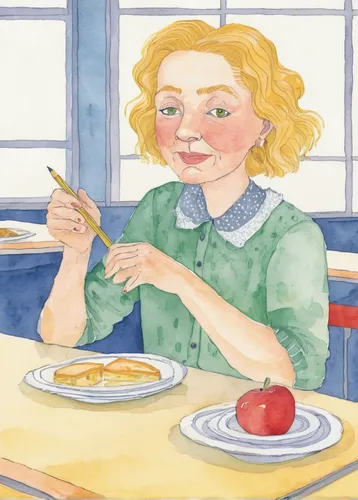 woman eating apple,woman holding pie,book illustration,girl with bread-and-butter,girl in the kitchen,girl with cereal bowl,woman at cafe,montessori,placemat,spoonbread,girl with speech bubble,apple pie,madeleine,waitress,girl picking apples,jane austen,cooking book cover,kate greenaway,red hen,tearoom,Illustration,Paper based,Paper Based 22