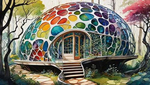 "close up interior natural round Glass House in the Forest entwined trees with long twisted branches, biomorphic, Voronoi pattern, Fibonacci, ctx, spirals Rainbow blossom Detailed stylized Watercolour