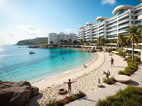 \Sandy beach, crystal-clear waters, oceanfront promenade, modern coastal architecture, cantilevered buildings, glass balconies, nautical-themed decorations, driftwood accents, coral-inspired colors, s