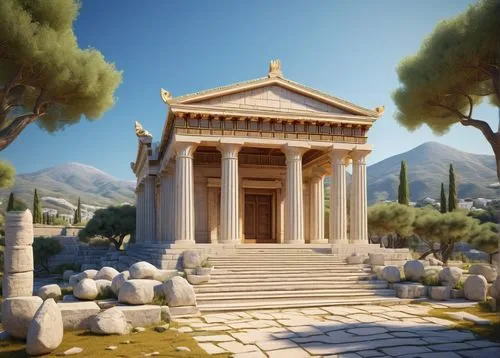 Ancient Greek-style temple, majestic pillars, intricate carvings, triangular pediments, symmetrical facade, calculating angles, precise measurements, 3D modeling, architectural blueprints, constructio