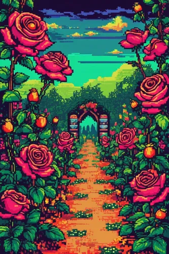 Imagine a vibrant rose hip garden in full bloom.,retro flowers,fruit fields,rose garden,retro background,landscape rose,flower garden,flower field,blooming field,pathway,tunnel of plants,flowers field