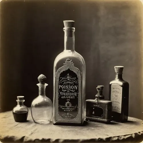 rhum agricole,absinthe,mandolin mediator,poison bottle,ambrotype,aniseed liqueur,still life photography,bourbon,potions,distilled beverage,prohibition,liqueur,apothecary,castor oil,bourbon whiskey,olfaction,tequila bottle,lubitel 2,empty bottle,rum,Photography,Black and white photography,Black and White Photography 15