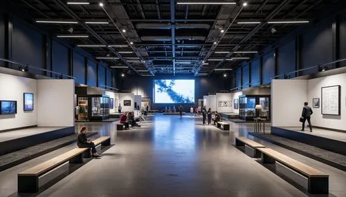 Modern exhibition hall, high ceilings, polished concrete floors, adaptive lighting systems, flexible partitions, movable display walls, interactive exhibits, digital displays, sleek metal railings, mi