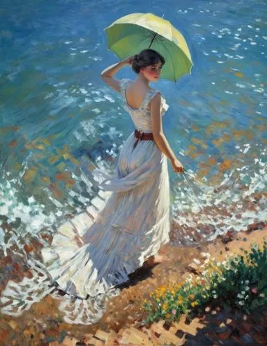 Bathing beauty. Let the motif appear as a French impressionist painting as if it had been painted by Claude Monet.,a painting of a woman standing by the water,heighton,sargent,sorolla,daines,palizzi,h